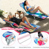 Two pink beach recliners with adjustable backrests and carrying straps, perfect for camping or poolside relaxation.