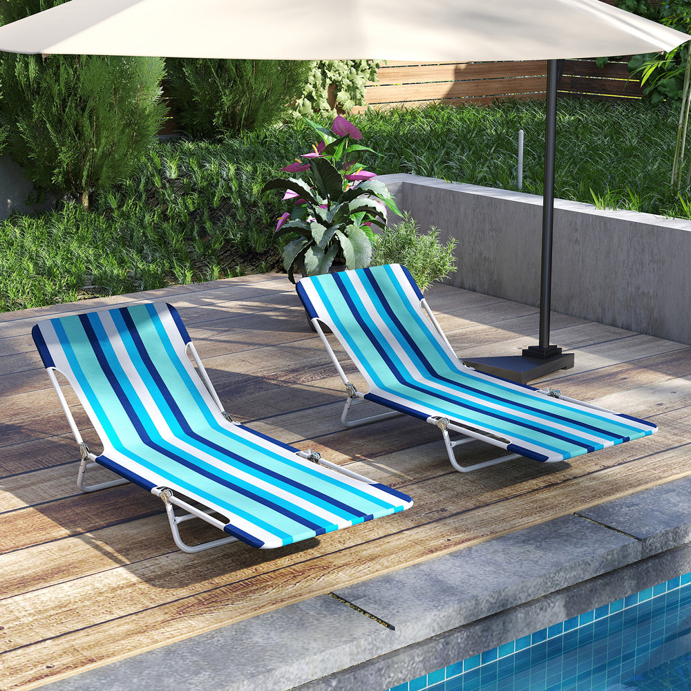 2 Pieces 5-position Lay Flat Beach Recliner with Carry Strap and Metal Frame-Blue - Gallery View 1 of 10