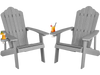Two ergonomic silver Adirondack chairs with drink holders, perfect for porch and backyard relaxation.