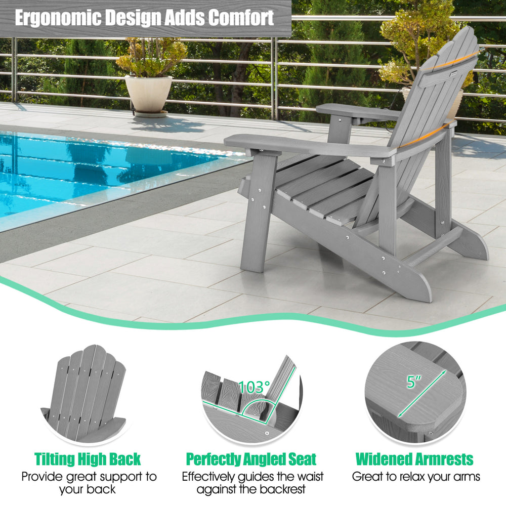 Adirondack chair set in silver with ergonomic design, featuring a tilting high back and widened armrests for comfort.