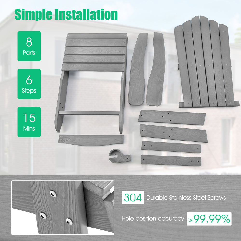 Adirondack chair assembly parts including 8 pieces and stainless steel screws for easy installation in silver.