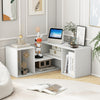 Adjustable white TV stand with L-shaped shelves and open storage cubes, designed for TVs up to 55 inches.
