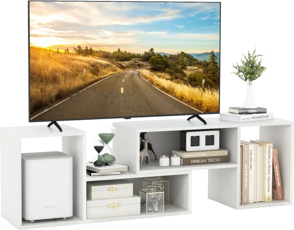 Adjustable white TV stand with two L-shaped shelves, designed for TVs up to 55 inches, featuring open storage cubes.