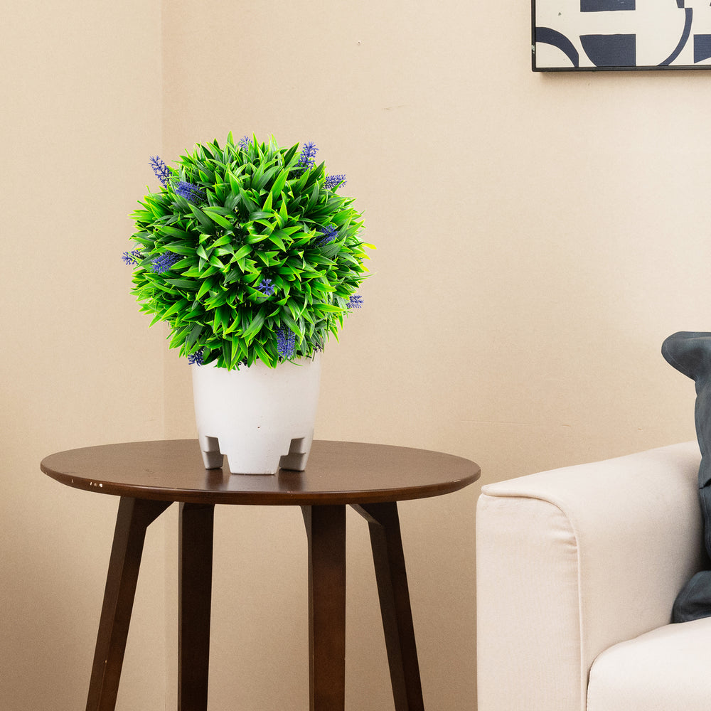 Artificial lavender topiary ball with vibrant gradient green leaves in a white pot, perfect for indoor or outdoor decor.
