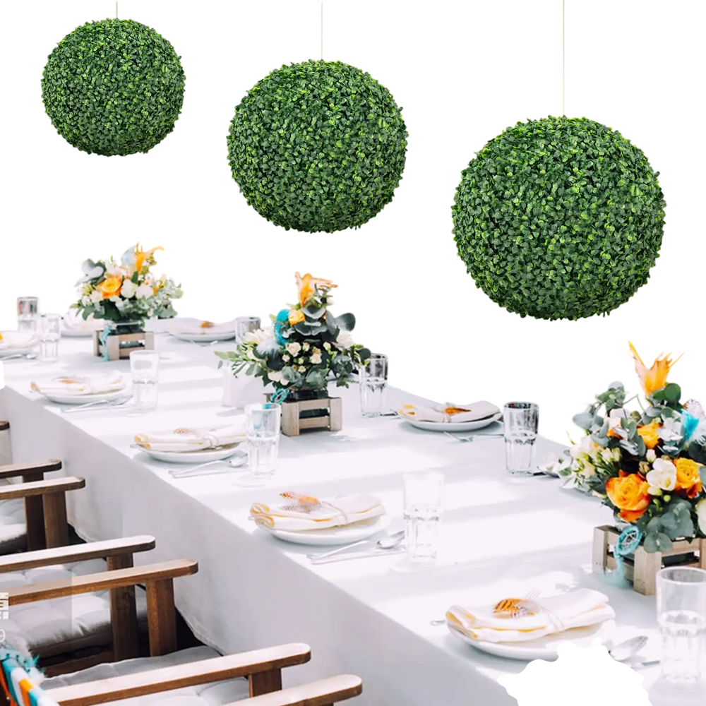 Hanging 16-inch artificial boxwood topiary balls, vibrant green, perfect for patio or garden decoration.