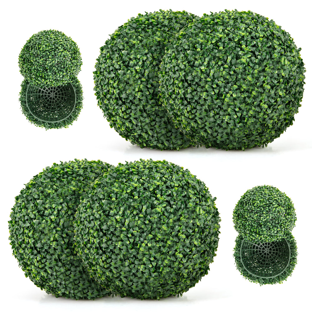 Two pieces of 16/20 inches artificial boxwood topiary balls with lush green leaves for patio and garden decoration.