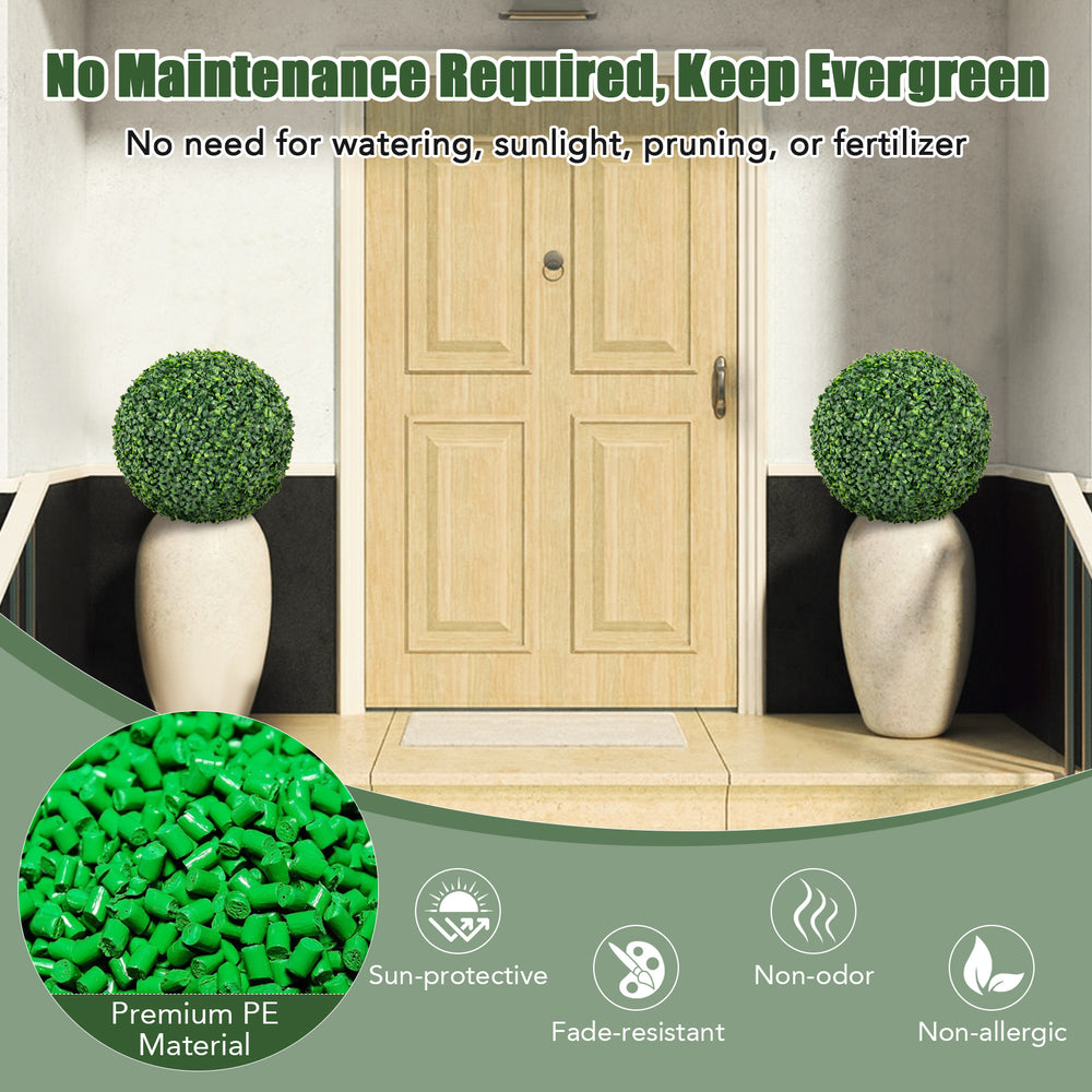 Two pieces of 16/20 inches artificial boxwood topiary balls in vibrant green for easy outdoor decoration.