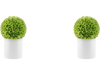 Two green artificial plant topiary balls in white pots, perfect for porch or balcony decoration.