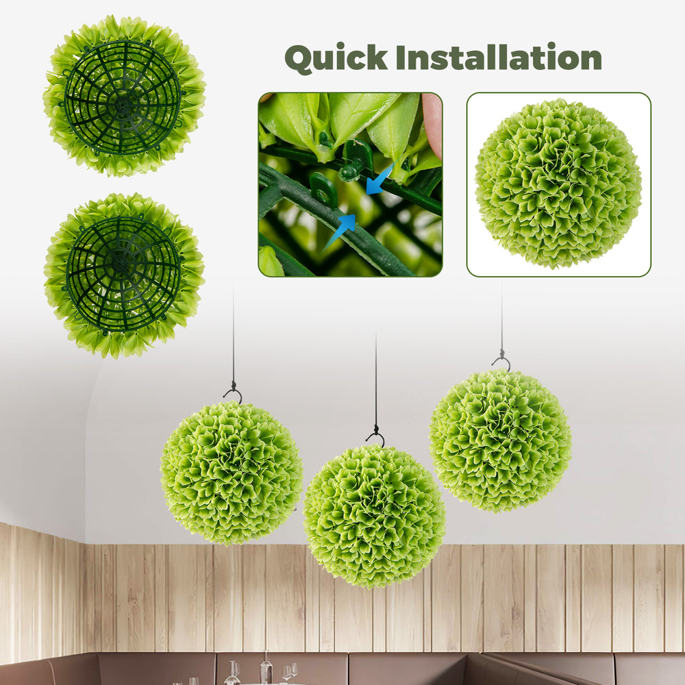 Green artificial plant topiary balls with clips for easy installation, perfect for porch or balcony decoration.