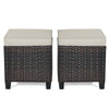 Two-piece patio rattan ottoman set with beige removable cushions, ideal for outdoor seating or as a footrest.