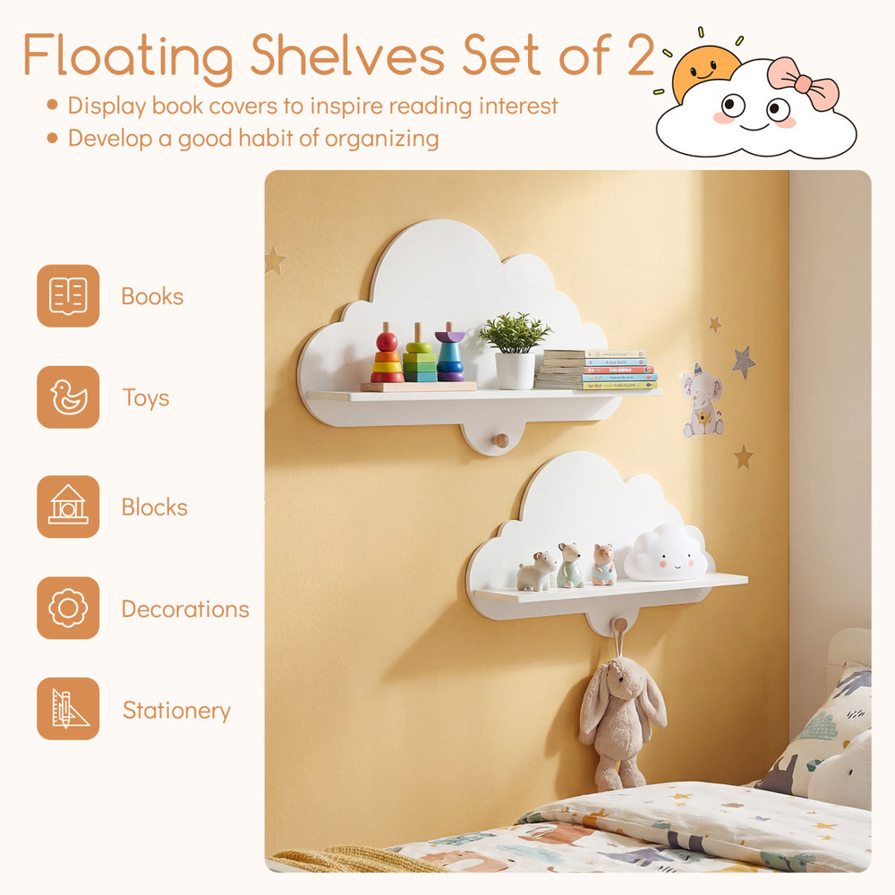 Floating cloud shelves set of 2 in white for organizing books and toys, perfect for a nursery or playroom.
