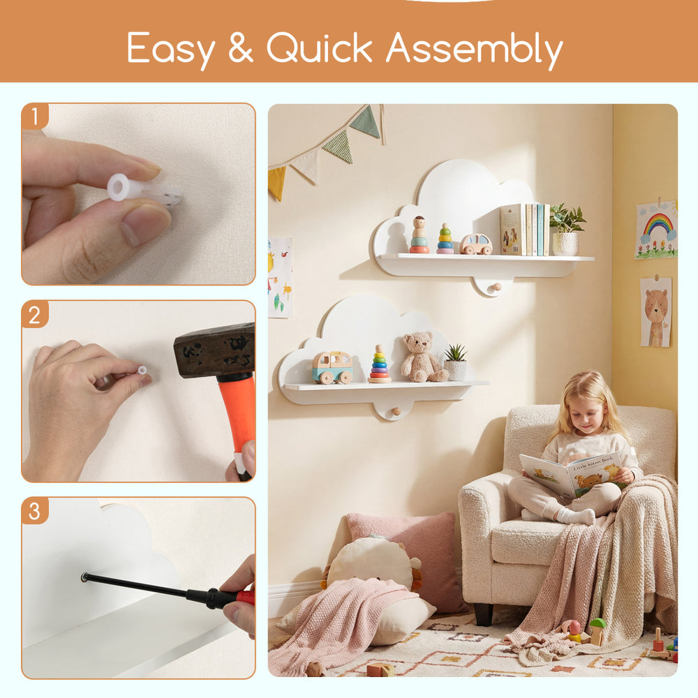Floating cloud shelves in white, showcasing easy assembly steps for organizing books and toys in a child's room.