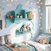 Blue floating dolphin shelves set of 2, wall-mounted for organizing books and toys in a playful kid's room.