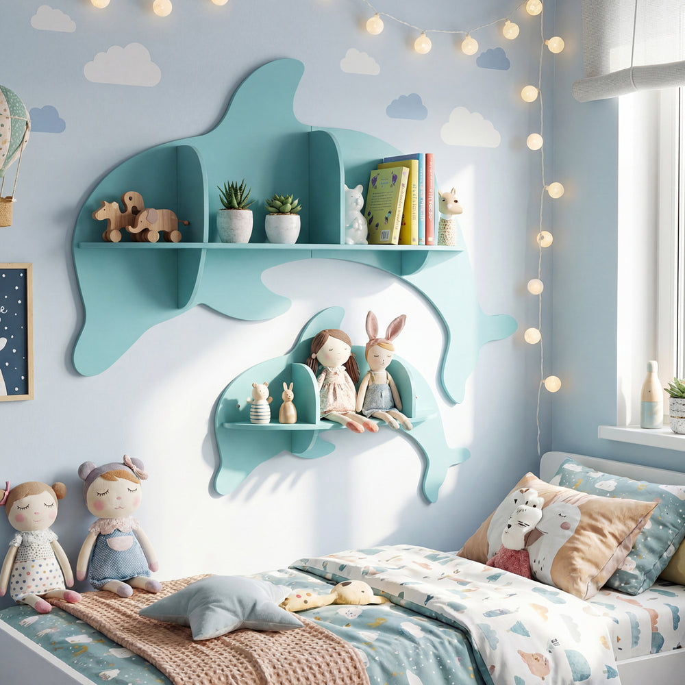 Blue floating dolphin shelves set of 2, wall-mounted for organizing books and toys in a playful kid's room.