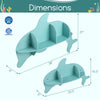 Dimensions of the blue Floating Dolphin Shelves, wall-mounted storage for books and toys, perfect for a kid's room.