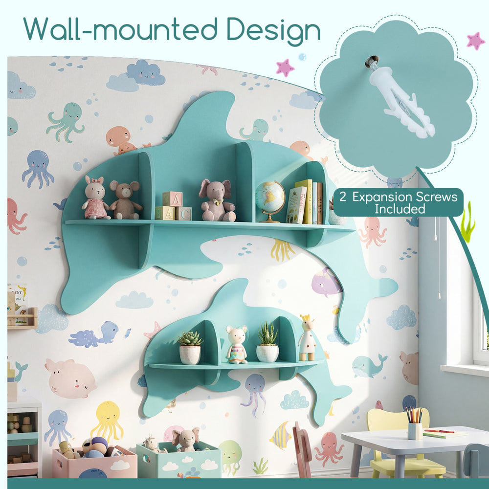 Blue floating dolphin shelf, wall-mounted for stylish storage of toys and books, ideal for a cozy nursery or playroom.