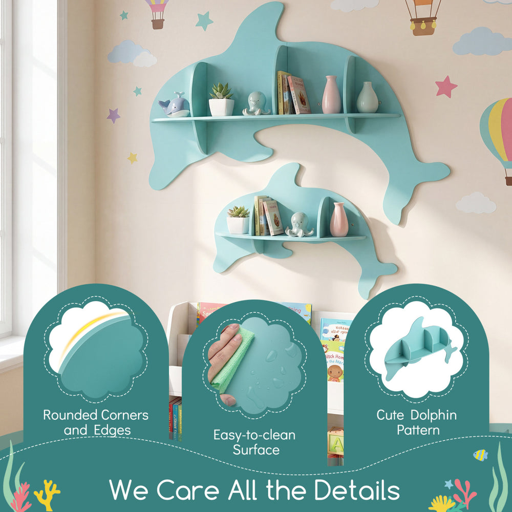 Blue floating dolphin shelves set of 2, wall-mounted for kids' room storage, featuring rounded edges and easy-to-clean.