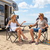 Two folding camping chairs in black with cup holders, perfect for beach outings and gatherings, providing comfort and support.