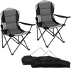 Two folding camping chairs in black with cup holders, made of durable 600D Oxford fabric, perfect for outdoor gatherings.