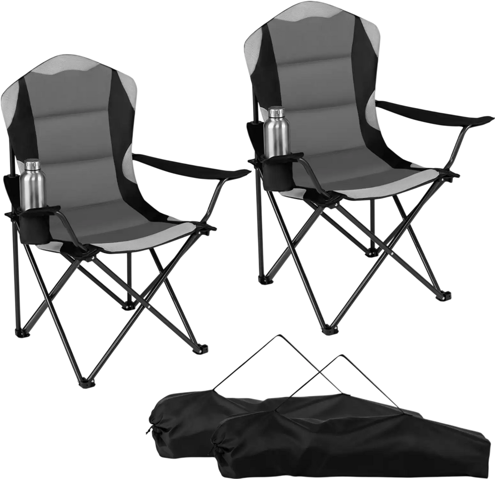 Two folding camping chairs in black with cup holders, made of durable 600D Oxford fabric, perfect for outdoor gatherings.