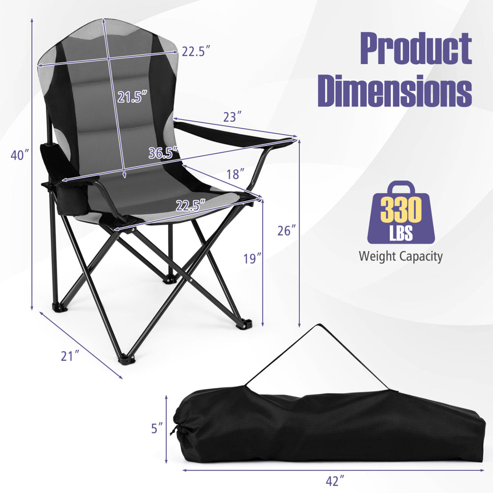 Folding camping chair set in black with cup holders, 600D Oxford fabric, and 330 lbs weight capacity for outdoor use.