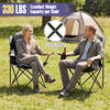 Two black folding camping chairs with cup holders, sturdy X-shaped frame, and 330 lbs weight capacity for outdoor use.