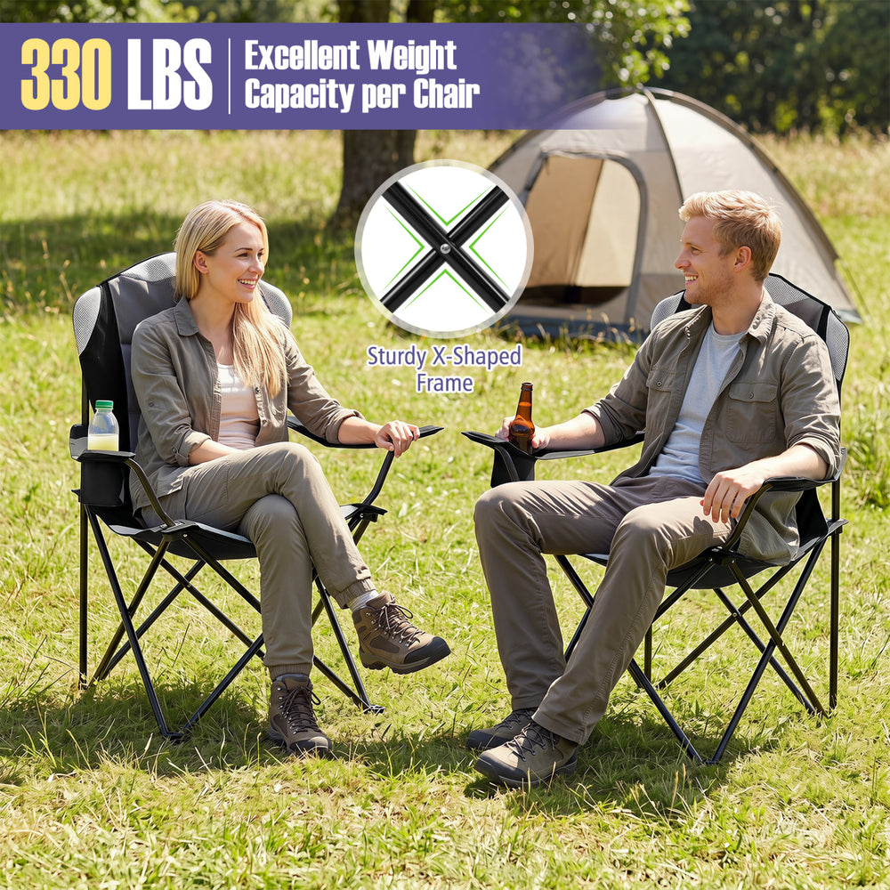 Two black folding camping chairs with cup holders, sturdy X-shaped frame, and 330 lbs weight capacity for outdoor use.