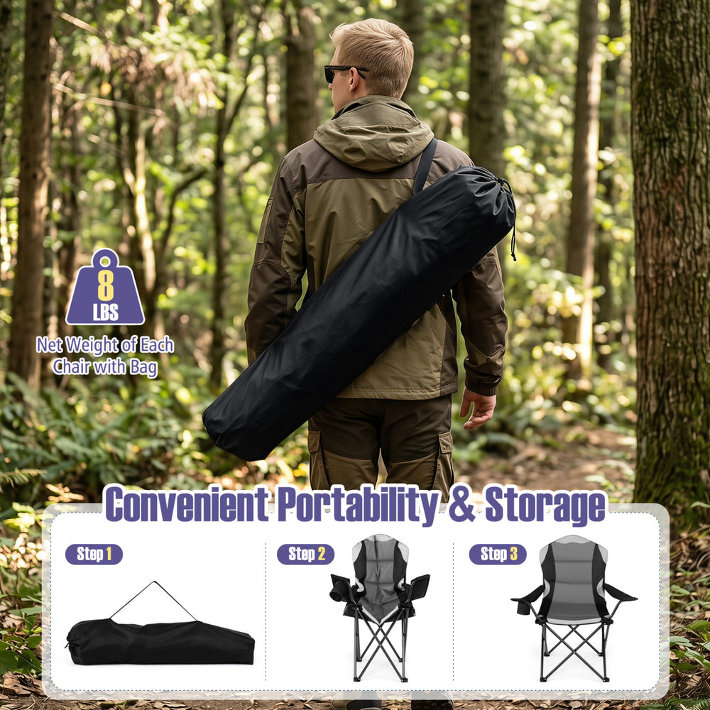 Folding camping chair set in black with cup holders, lightweight design for easy transport and perfect for outdoor gatherings.