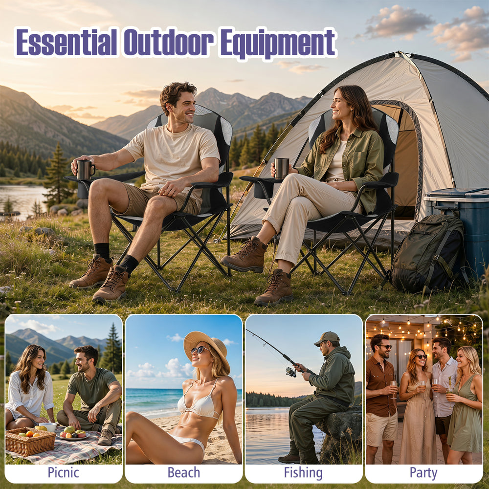 Folding camping chairs in black with cup holders, perfect for picnics, beach outings, fishing, and parties.