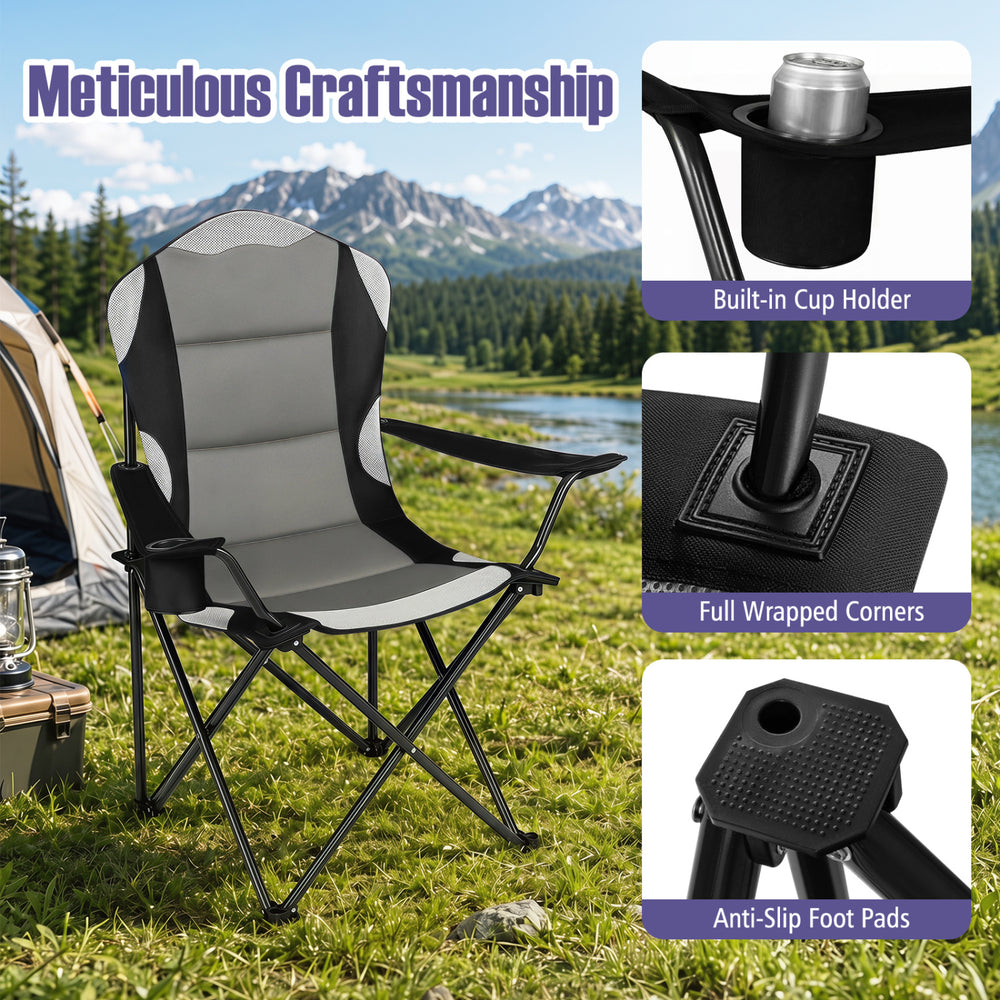 Folding camping chair set in black features a built-in cup holder, breathable mesh, and sturdy X-shaped frame for comfort.