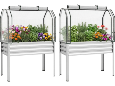 Costway 2-Pc Galvanized Raised Garden Bed w/ Legs & Greenhouse Cover 95512866 New