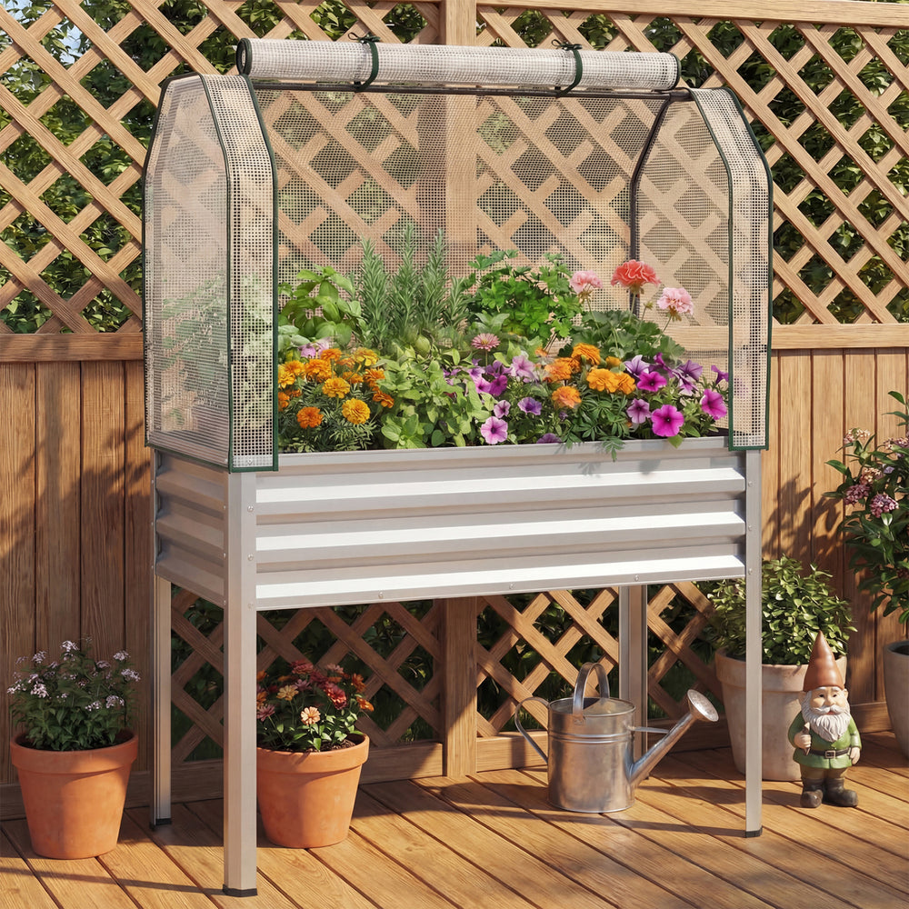 Galvanized raised garden bed with greenhouse cover, featuring vibrant flowers, elevated design for comfortable.