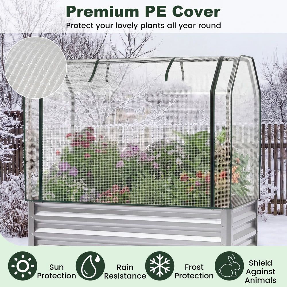 Galvanized raised garden bed with PE cover, providing sun, rain, and frost protection for plants year-round.