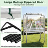 Large roll-up zippered door on a galvanized raised garden bed with greenhouse cover for easy access and airflow.