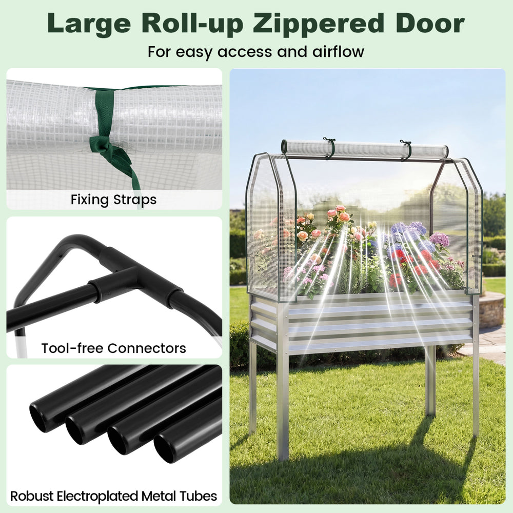Large roll-up zippered door on a galvanized raised garden bed with greenhouse cover for easy access and airflow.