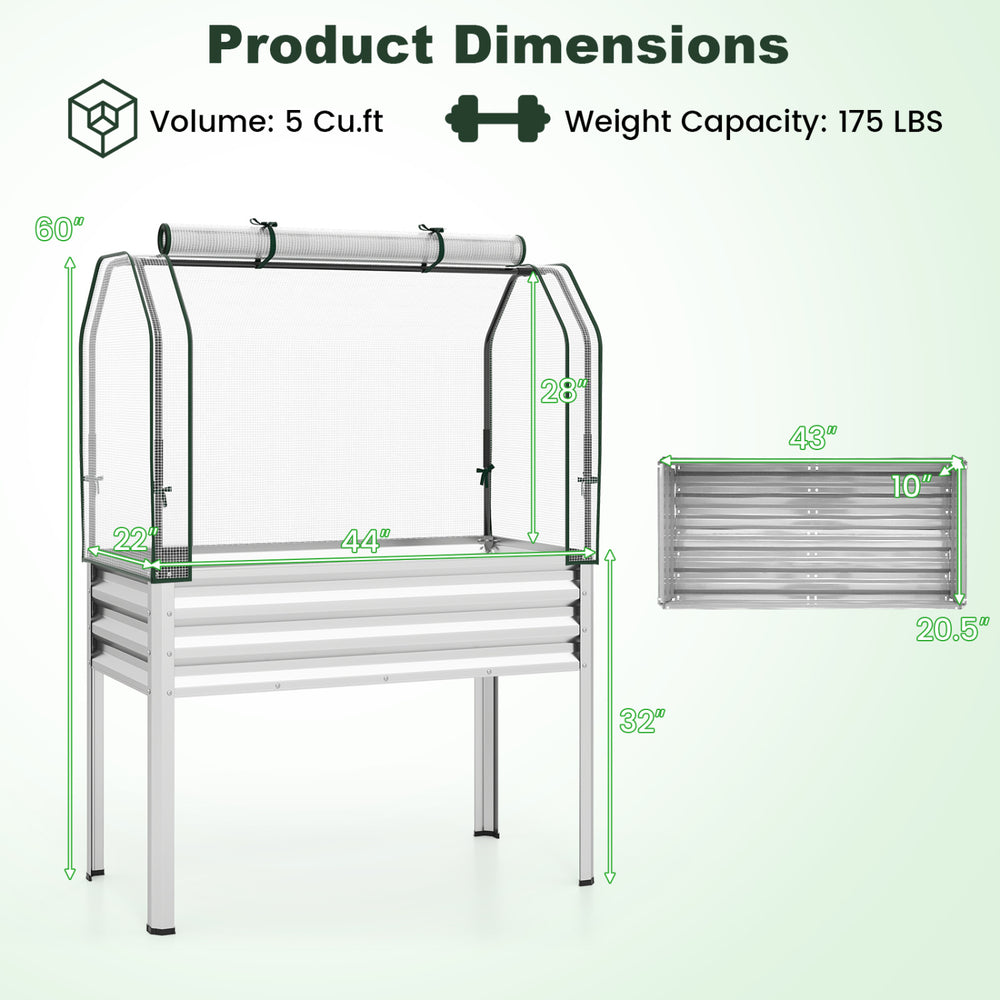 Galvanized raised garden bed with greenhouse cover, dimensions 60"x44"x32", designed for vegetables and flowers.