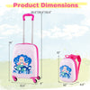 Kids carry-on luggage set dimensions showing a 19" suitcase and a 12" backpack, featuring a cute mermaid design.