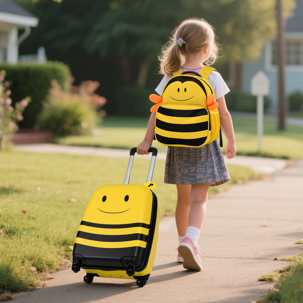 Kids luggage set featuring a yellow bee design, including a suitcase and backpack, perfect for travel and organization.