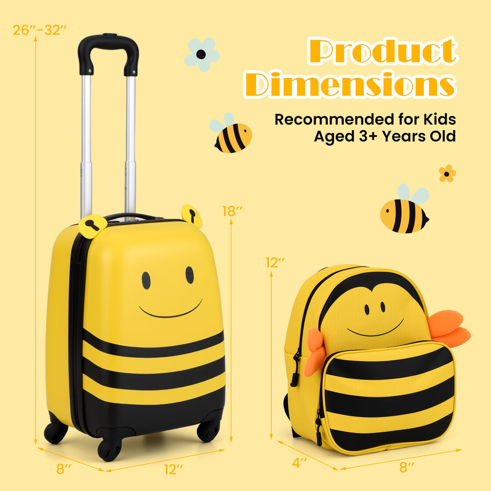 Kids luggage set featuring a yellow bee design, includes a suitcase and backpack, perfect for travel and ages 3+.