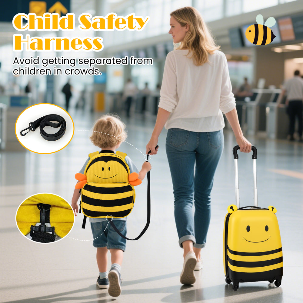 Kids luggage set with bee design, includes a suitcase and backpack, featuring a safety harness for crowd control.
