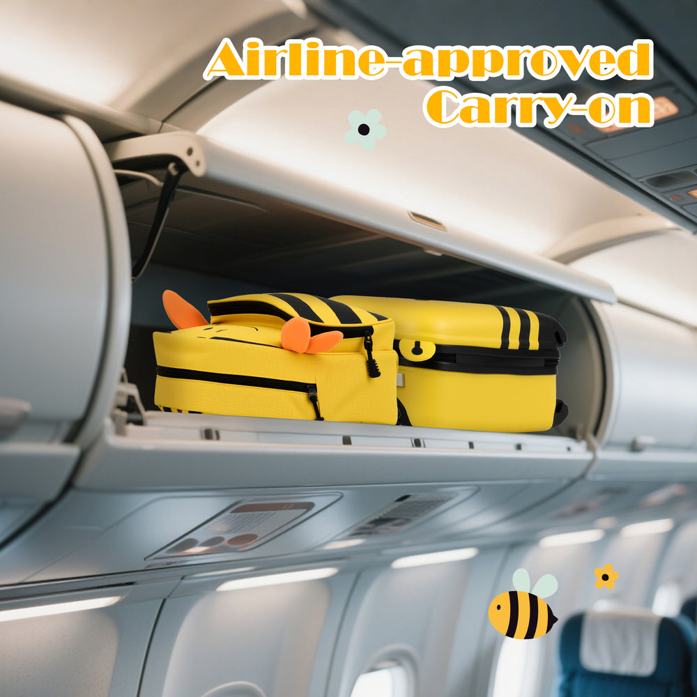 Kids luggage set in yellow with cartoon bee design, featuring a carry-on suitcase and backpack for easy travel.