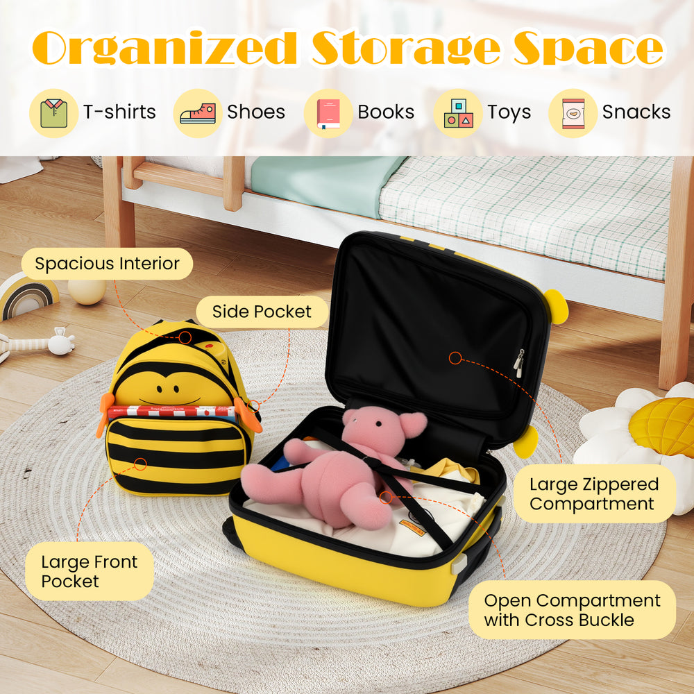 Kids luggage set featuring a yellow suitcase with large zippered compartment and a matching backpack for organized.