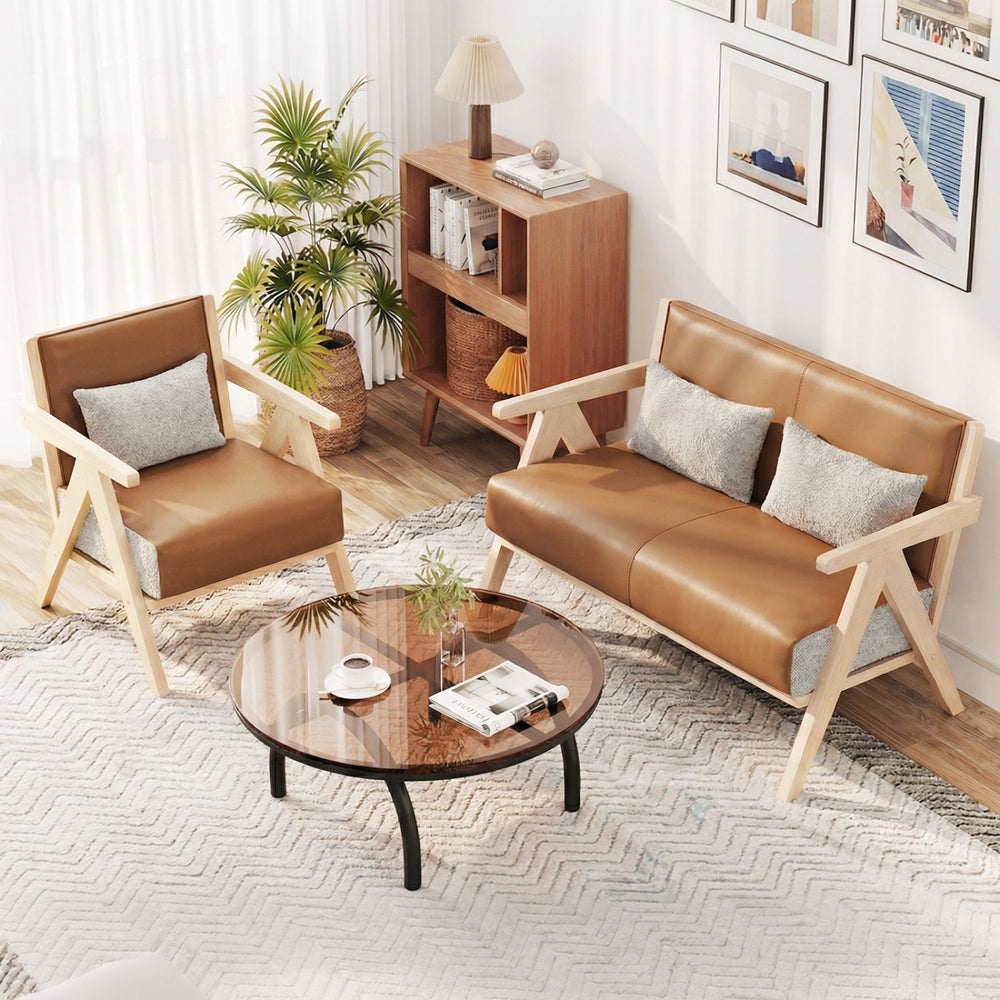 2 Pieces Living Room Furniture Set with Rubber Wood Frame-Brown - Gallery View 1 of 9