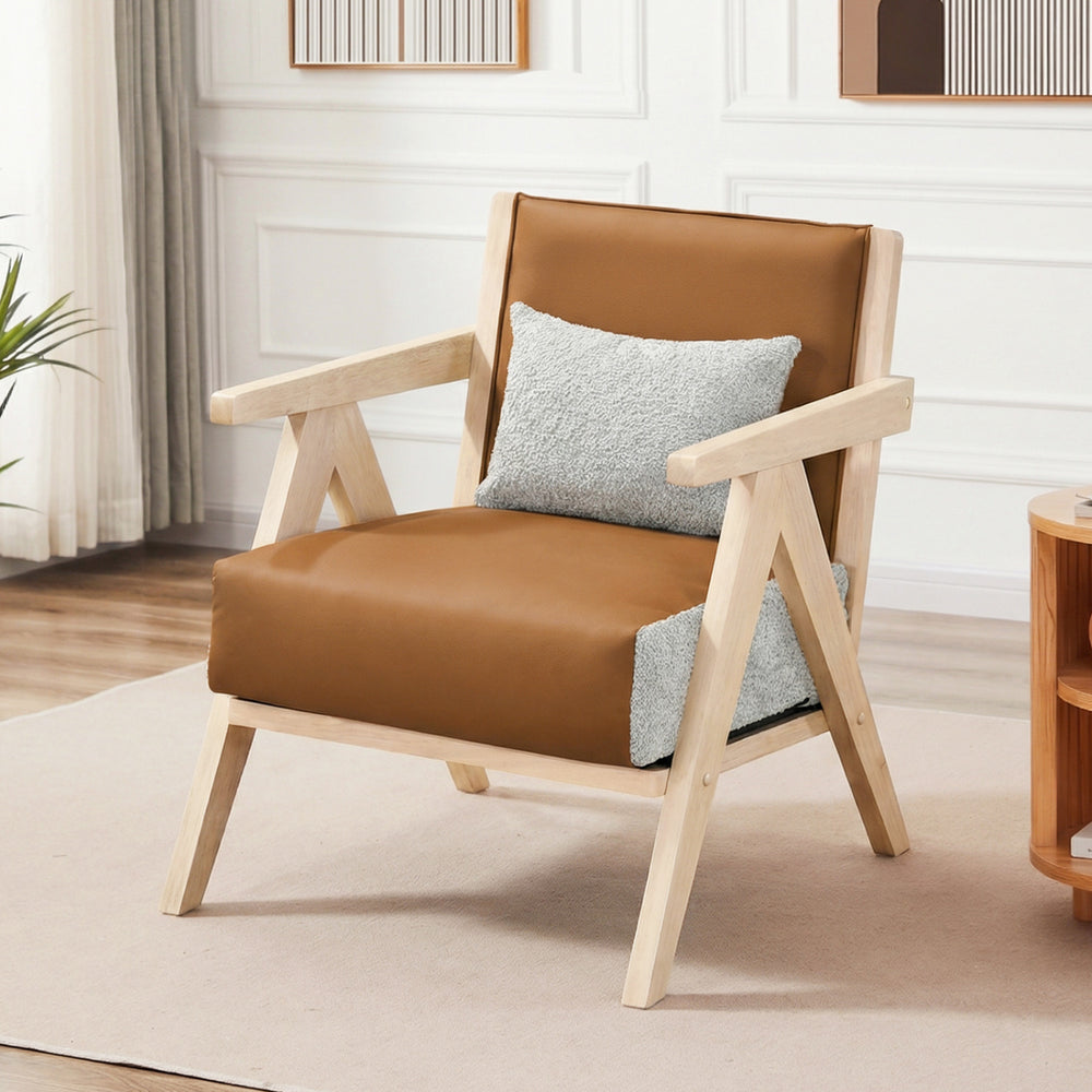 Brown living room chair with rubber wood frame, soft chenille fabric, and throw pillow for comfort and support.