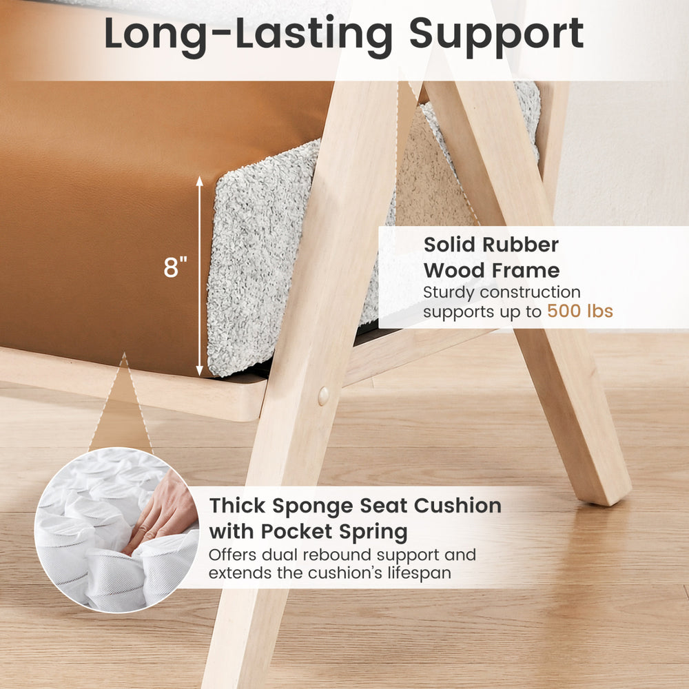 Thick sponge seat cushion with pocket spring on a brown living room chair, featuring a durable rubber wood frame.