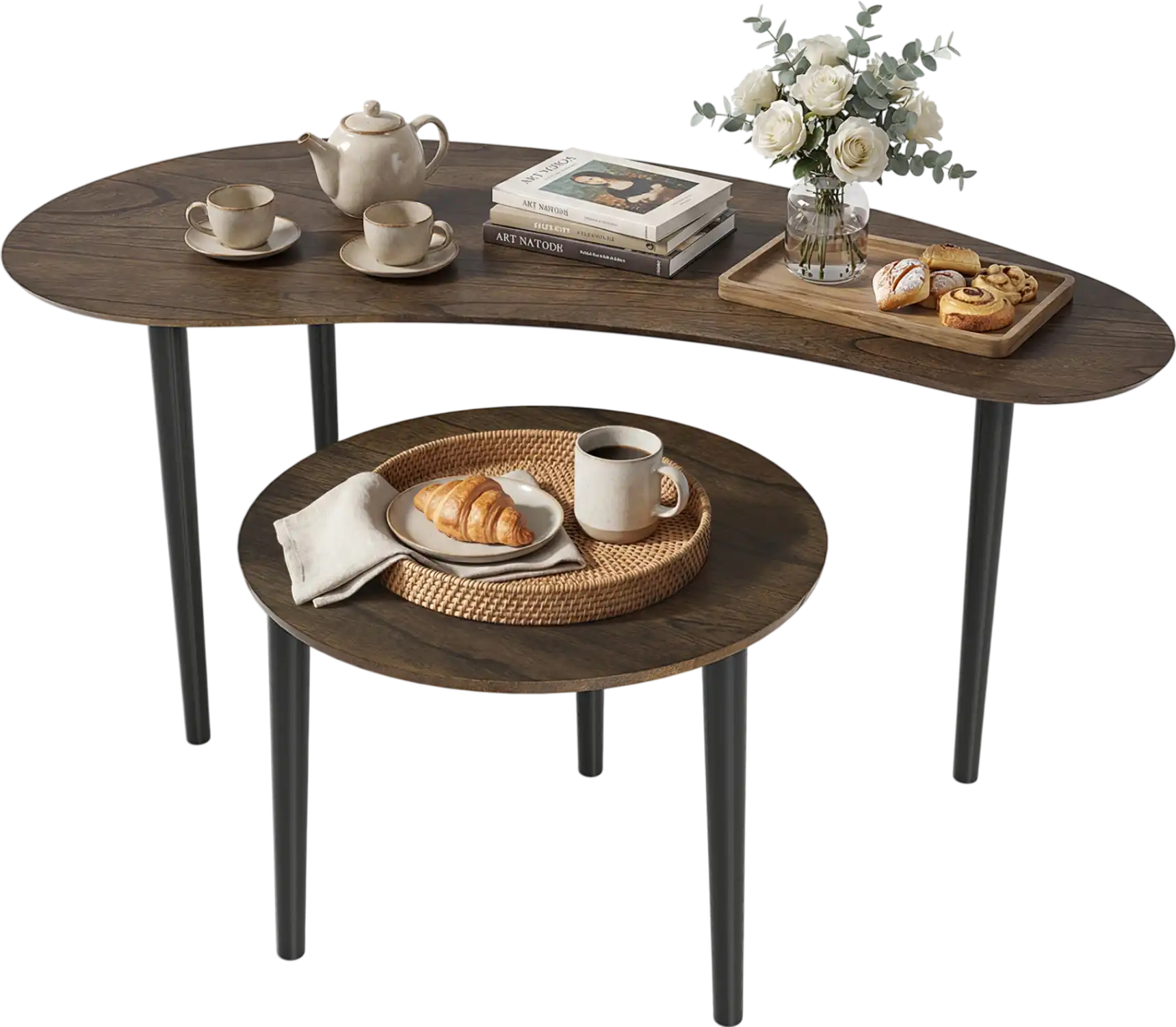 Costway Mid Century Nesting Coffee Tables 2-Piece Rubber Wood Legs 22617595 New