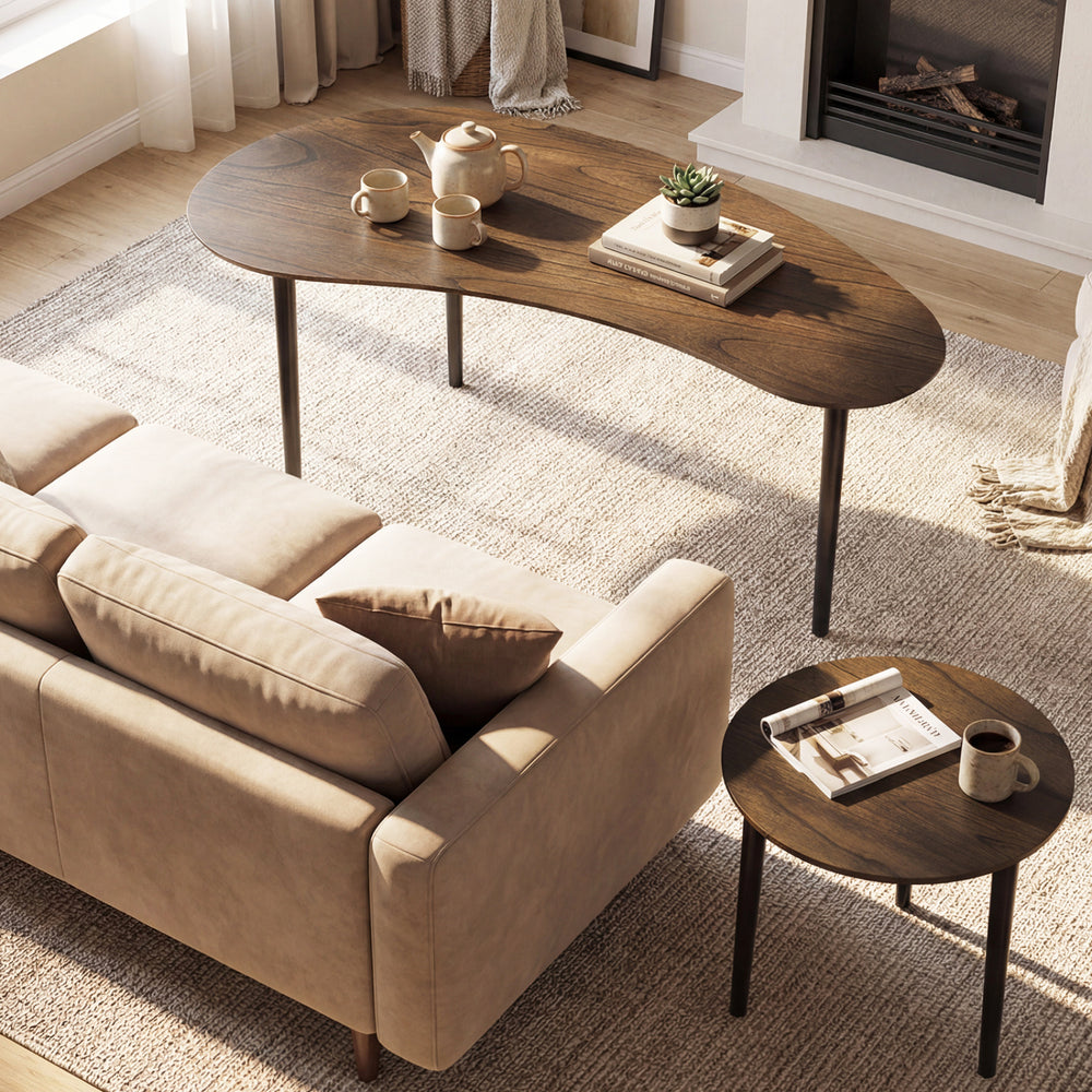 Elegant walnut nesting tables with rubber wood legs, showcasing rounded edges for added safety and stylish organization.