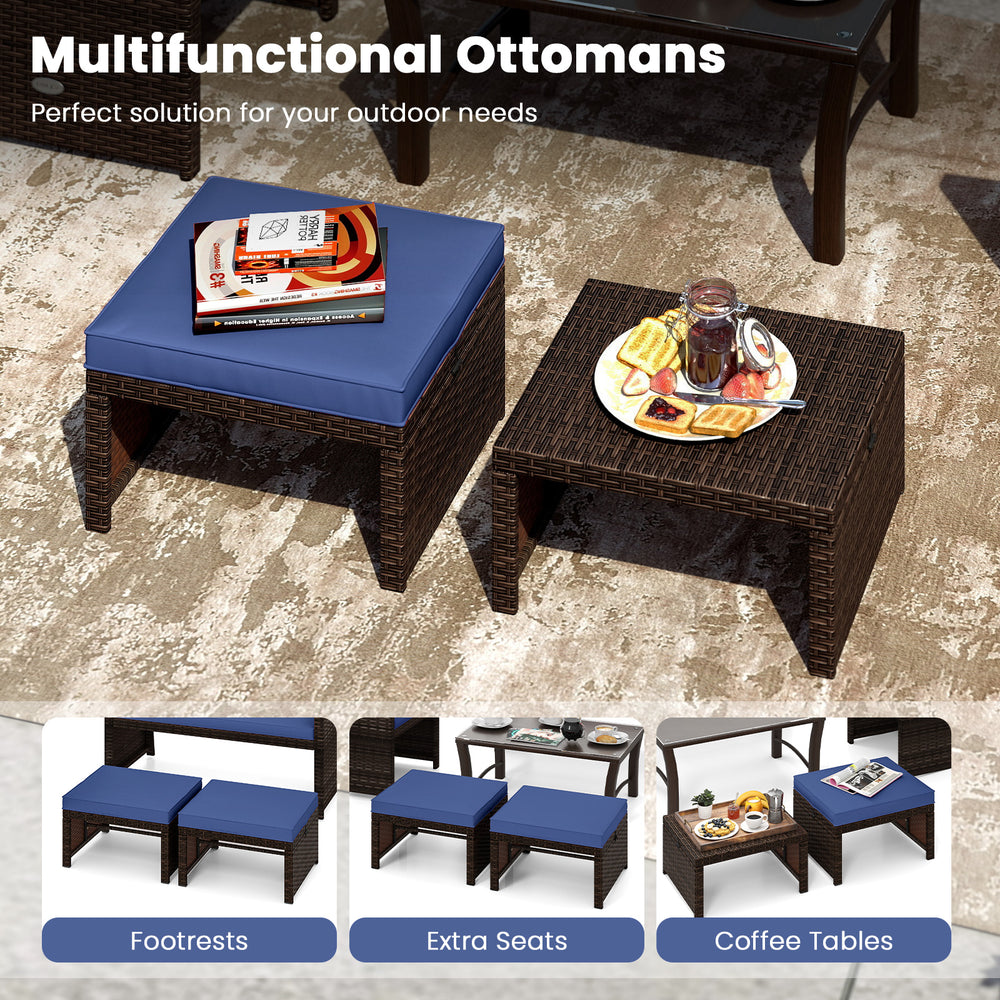 Navy blue PE rattan ottoman set, multifunctional for outdoor use as footrests, extra seating, or coffee tables.