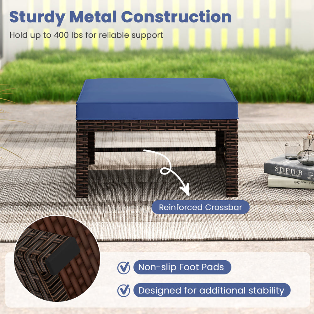 Navy PE rattan ottoman with sturdy metal construction and non-slip foot pads, ideal for outdoor patio use.