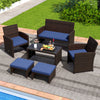 Navy PE rattan ottomans with soft cushions, perfect as footrests or extra seating for outdoor patio relaxation.